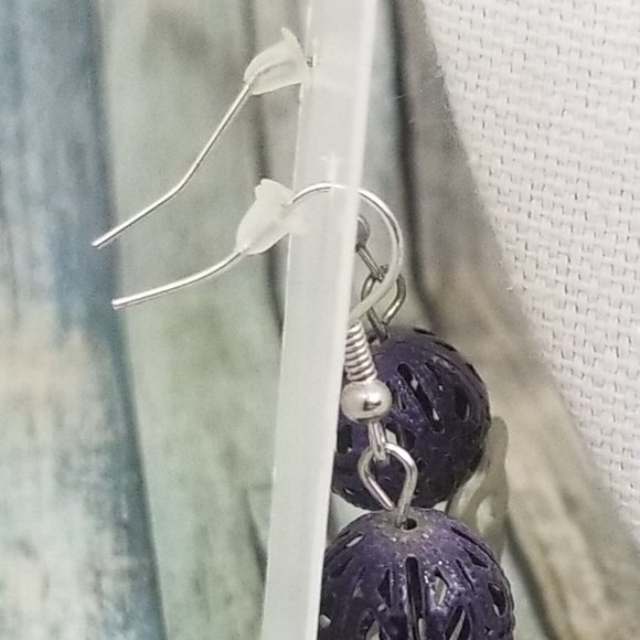 Hammered Textured Dangle Butterfly Earrings 2" Drop Purple Metal Filigree S16 - Picture 5 of 5